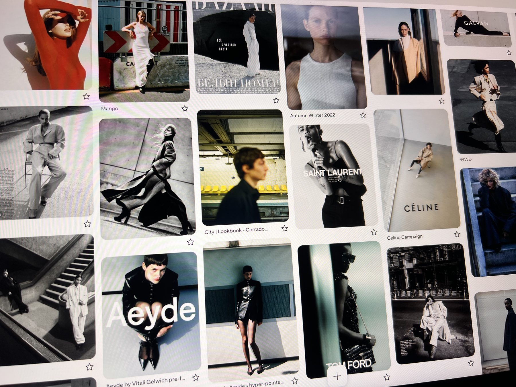Moodboard of mostly black-and-white fashion references: tailored silhouettes, concrete stairs and stark light