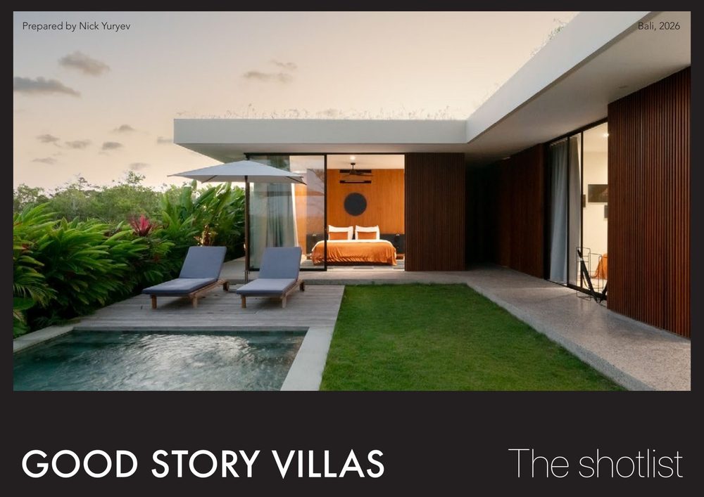Shot list cover: Good Story villa at sunset, pool and loungers in front of an open bedroom