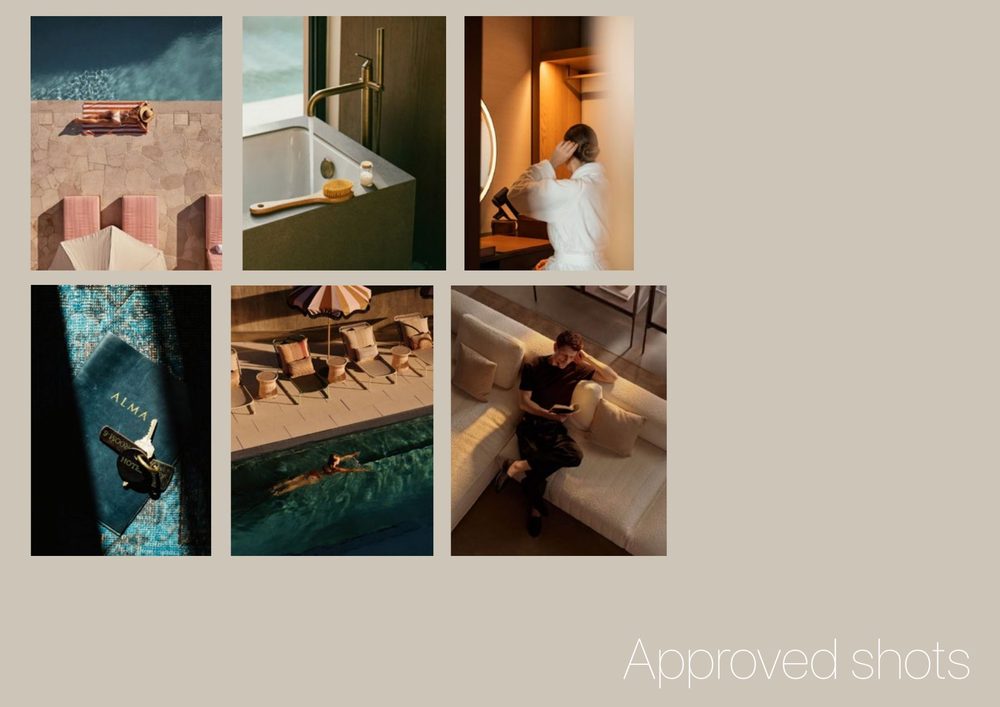 Shot list, approved shots: six reference frames agreed with the client