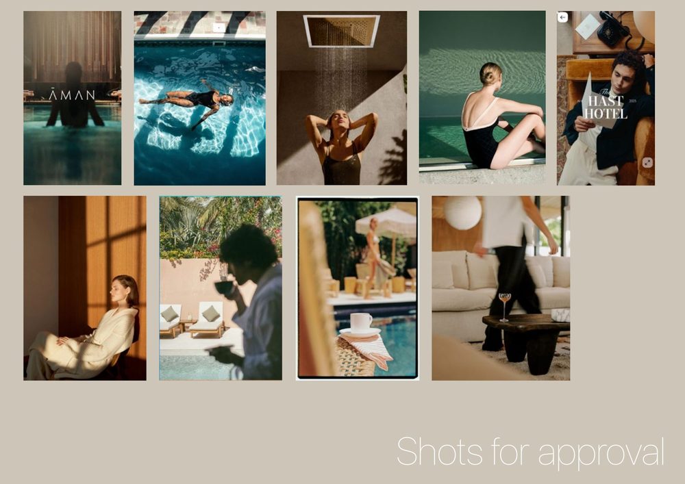 Shot list, shots for approval: pool, rain shower and slow-morning references
