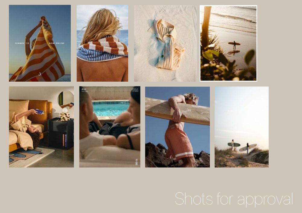 Shot list, shots for approval: beach towels, surf and bedroom references
