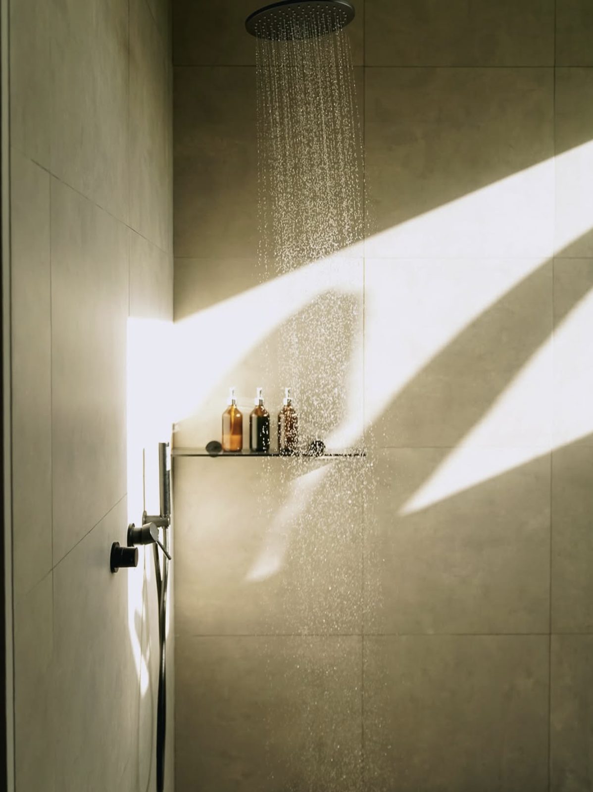 Rain shower with amber bottles and leaf shadows on stone tiles